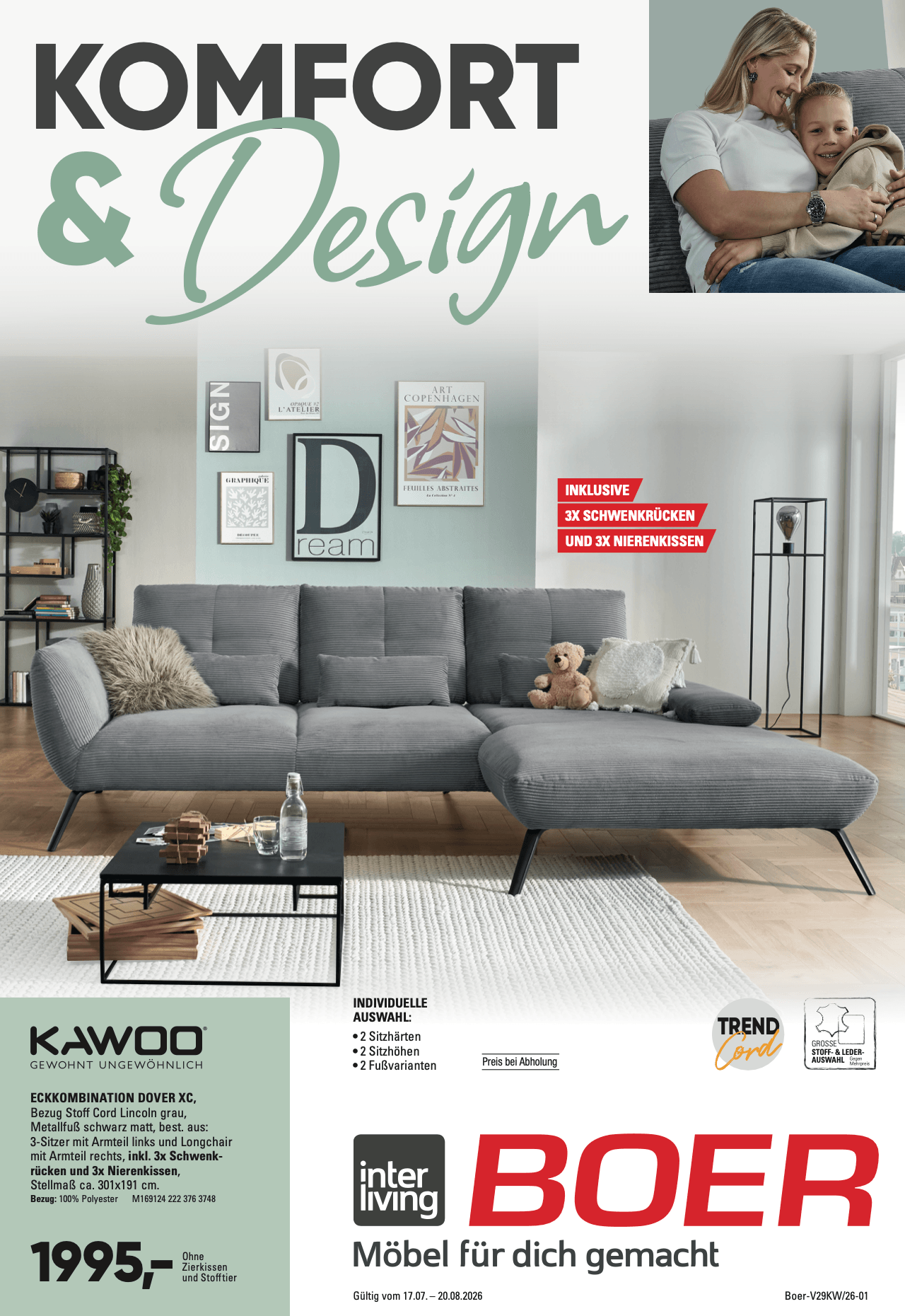 KAWOO BOER Wohnkombination: Sofa, Sessel, Couchtisch.