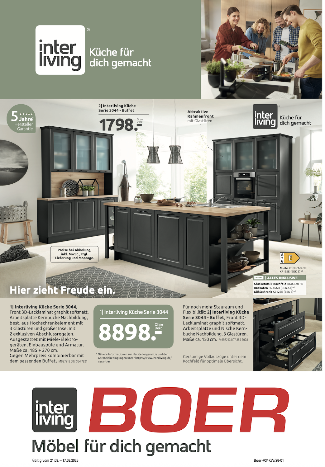 Moderne Küche mit Kochinsel und großem Stauraum, Interliving Serie 3044