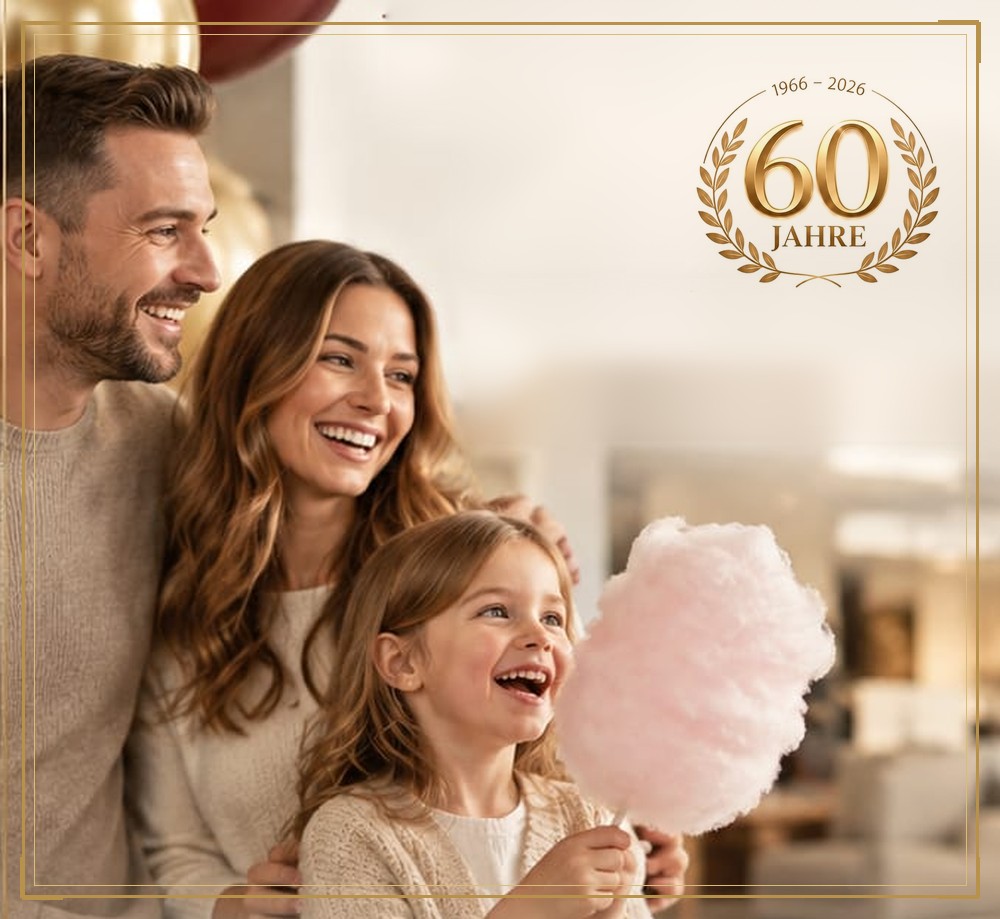 Familie mit Zuckerwatte in der Ausstellung – 60 Jahre Möbel Boer